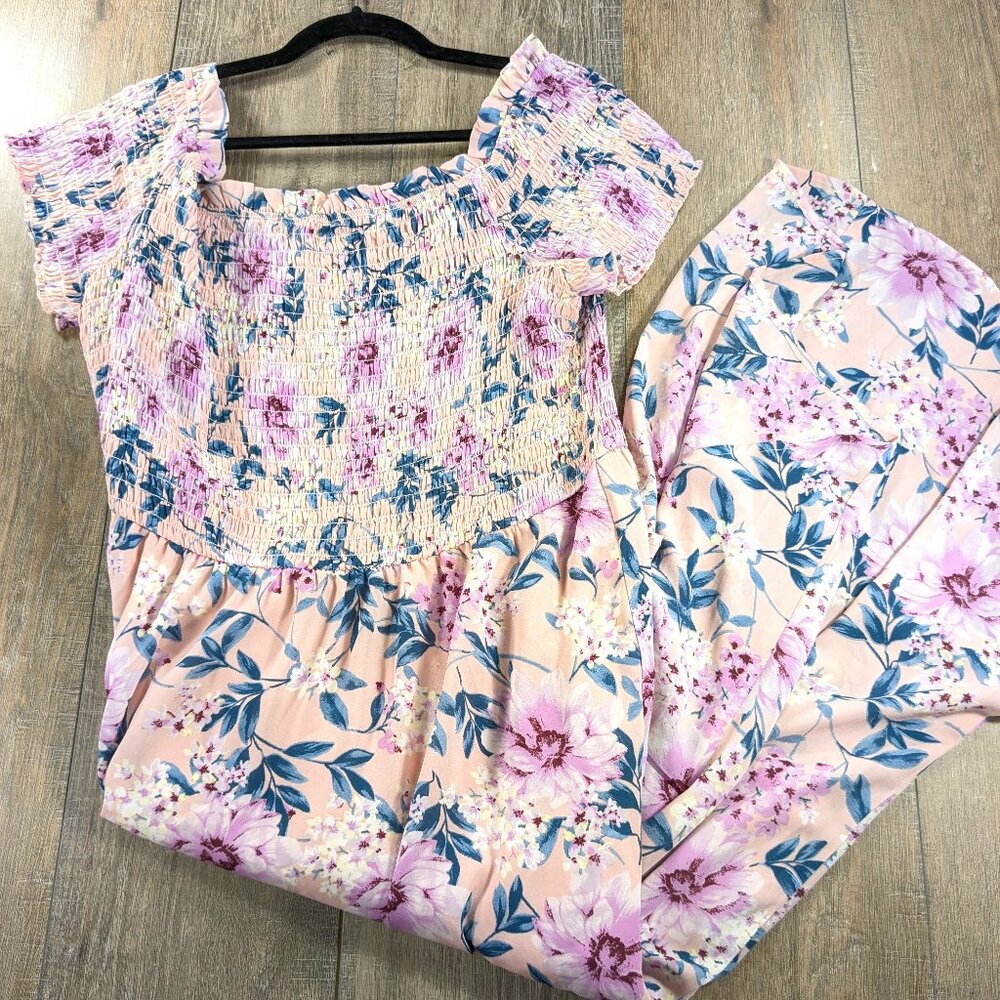 Babydoll Maxi Dress Womens 2X Pink Floral Print Smocked Short Sleeve High Low